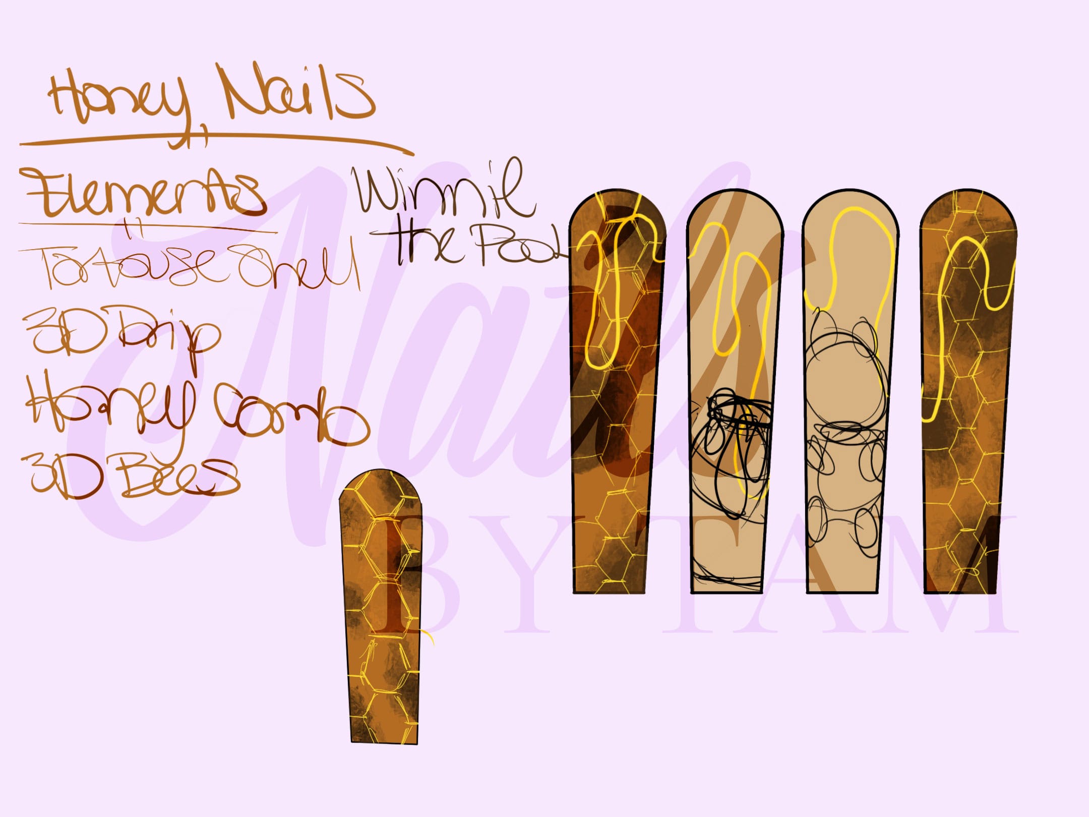 Winnie the Pooh sketch of freehand nail art on long press-on tips with gold chrome honeycomb texture and 3D sculpted honey drips